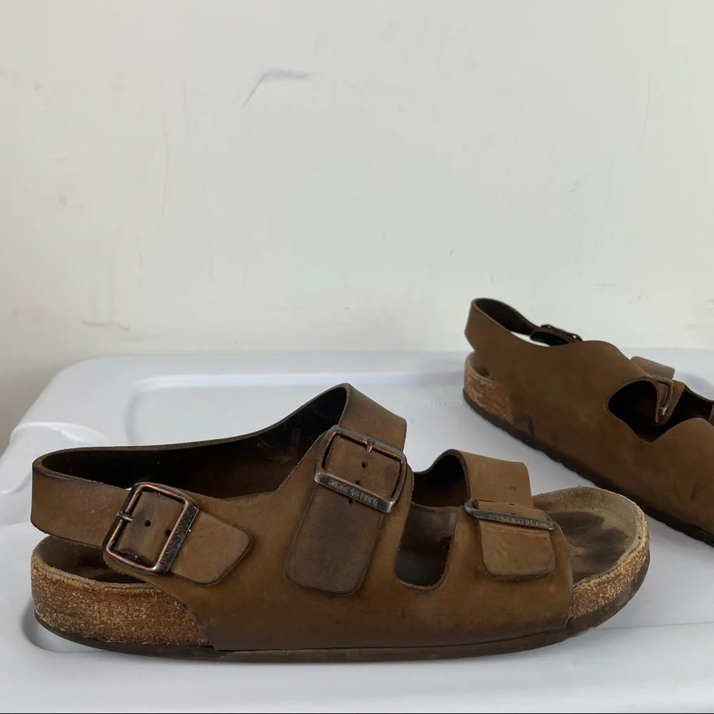 Birkenstock Mens Milano Brown Leather Buckle Straps Slingback Sandals Sz 10 / 43